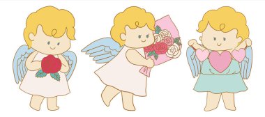 Sevgililer Günü elementleri Kawaii tarzında çizilmiş. Set, cupids, güller, kalpler, ok, hediye ve bir beyefendi içerir. Romantik bayram kutlaması için sevimli karakterler..