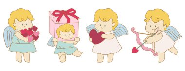 Sevgililer Günü elementleri Kawaii tarzında çizilmiş. Set, cupids, güller, kalpler, ok, hediye ve bir beyefendi içerir. Romantik bayram kutlaması için sevimli karakterler..