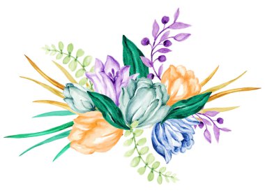 Çiçeklerin, lalelerin ve otların güzelliği çiçek çelengi düzenleme buket kompozisyon suluboya Gouache el beyaz arka planda boyanmış