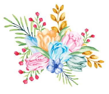 Çiçeklerin, lalelerin ve otların güzelliği çiçek çelengi düzenleme buket kompozisyon suluboya Gouache el beyaz arka planda boyanmış