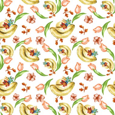 Kusursuz desenli lale, tatlı yabani çiçek bahçesi ve düğün davetiyesi için renkli çiçek şablonu hediye kartı hediye çeki el boyası. 