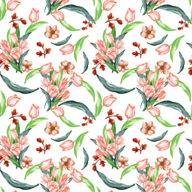 Kusursuz desenli lale, tatlı yabani çiçek bahçesi ve düğün davetiyesi için renkli çiçek şablonu hediye kartı hediye çeki el boyası. 