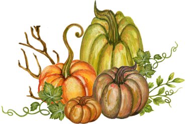 Balkabakları ve renkli yapraklar suluboya gouache Sonbahar Sonbahar Elleri Beyaz arkaplanda Boyalı Düzenleme