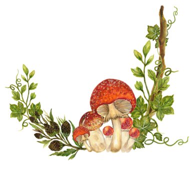 Suluboya botanik sonbaharı ve sonbahar ormanı elementleri beyaz arka planda elle boyanmış resim bıyığı oluşturdular.