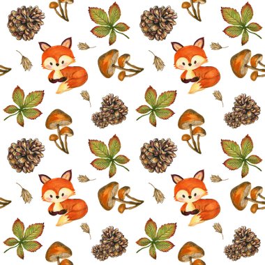 Suluboya eskitilmiş sonbahar ve sonbahar yapraklar, dallar, kuşlar, tilkiler, mantarlar ve balkabakları Şükran Günü, Cadılar Bayramı çizimleriniz için el resmi