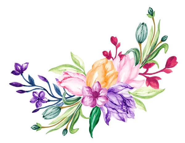 Çiçeklerin, lalelerin ve otların güzelliği çiçek çelengi düzenleme buket kompozisyon suluboya Gouache el beyaz arka planda boyanmış