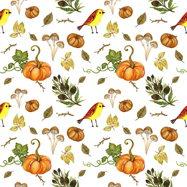 Watercolor gouache vintage  autumn and fall seasons seamless pattern set of leaves, branches, bird, fox, mushroom and pumpkins  Thanksgiving, Halloween illustration for your design hand painted