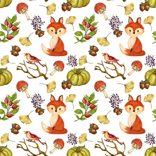 Watercolor gouache vintage  autumn and fall seasons seamless pattern set of leaves, branches, bird, fox, mushroom and pumpkins  Thanksgiving, Halloween illustration for your design hand painted