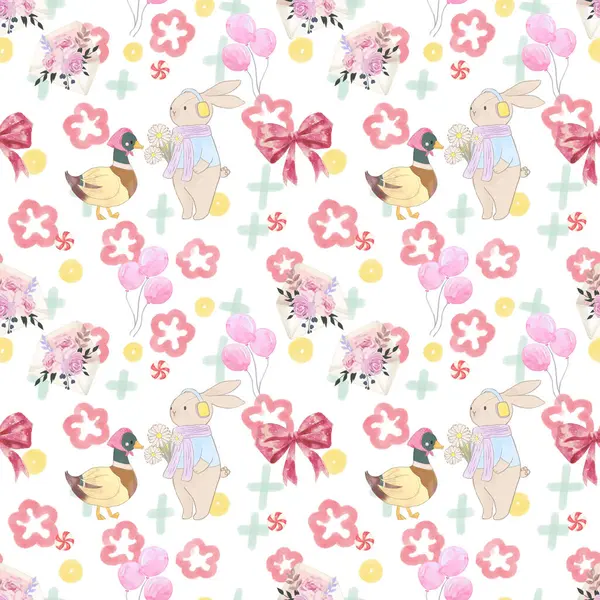 Suluboya ördek ve Paskalya Hayvanat Bahçesi Hayvanat Bahçesi Çiftliği Çiftliği şirin karikatür tarzı kusursuz desenli kumaş, ambalaj, tekstil, duvar kâğıdı, giyim için ideal çocuk tasarımı