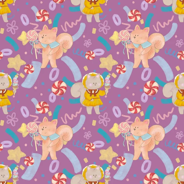 Suluboya sincap hayvan ormanları çiftçi şirin karalama karikatür tarzı kusursuz desenli kumaş, ambalaj, tekstil, duvar kağıdı, giyim için ideal çocuk tasarımı