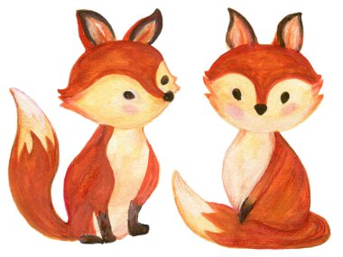 Bir dizi suluboya kırmızı pofuduk yavru tilki beyaz el çiziminde hareket ediyor.