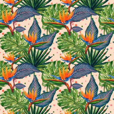 Yaz renkli egzotik orman tropikal bitkiler suluboya desenleri, tekstil ve dekorasyon için mükemmel.