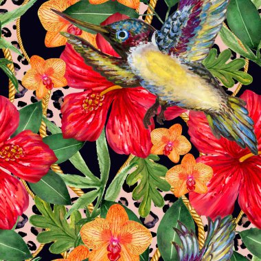 Yaz aylarında tropikal orman Hibiscus çiçekleri sinekkuşu desenli suluboya, tekstil ve dekorasyon için mükemmel.
