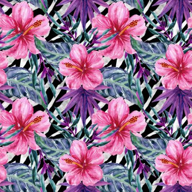 Yaz aylarında tropikal orman Hibiscus çiçekleri suluboya desenleri, tekstil ve dekorasyon için mükemmel.