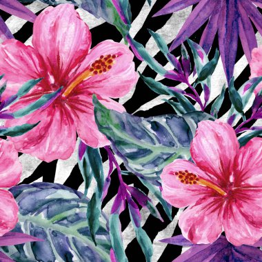 Yaz aylarında tropikal orman Hibiscus çiçekleri suluboya desenleri, tekstil ve dekorasyon için mükemmel.