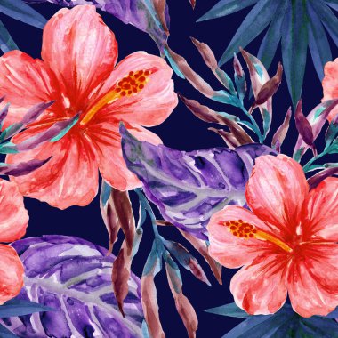 Yaz aylarında tropikal orman Hibiscus çiçekleri suluboya desenleri, tekstil ve dekorasyon için mükemmel.