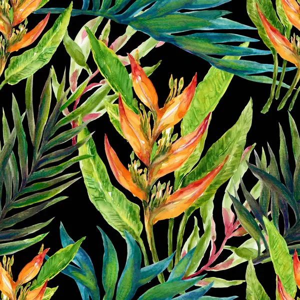 Summer exotic jungle tropical floral rainforest plants pattern hand paint watercolors, perfect for textiles and decoration