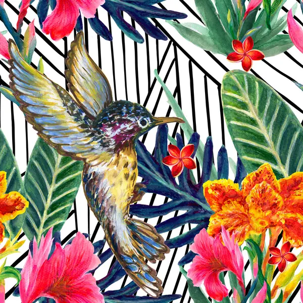 Summer exotic jungle tropical floral rainflorest plants and Hummingbird pattern watercolors, perfect for textiles and decoration