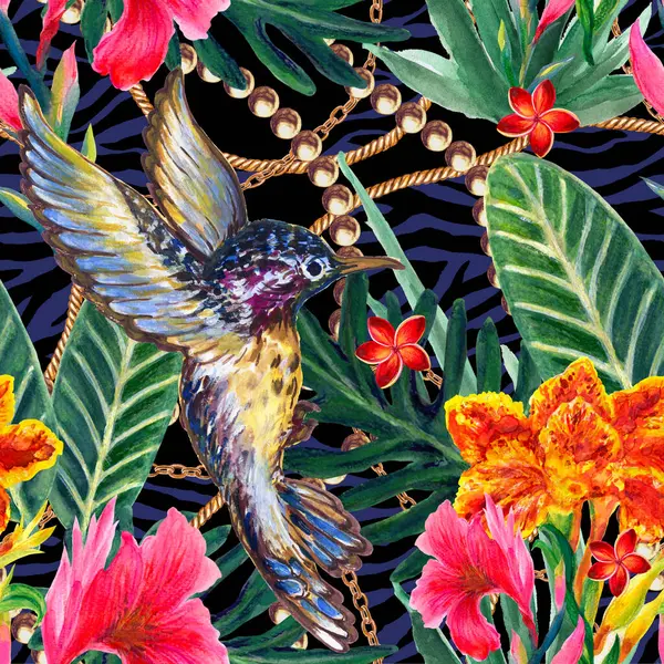 Summer exotic jungle tropical floral rainflorest plants and Hummingbird pattern watercolors, perfect for textiles and decoration