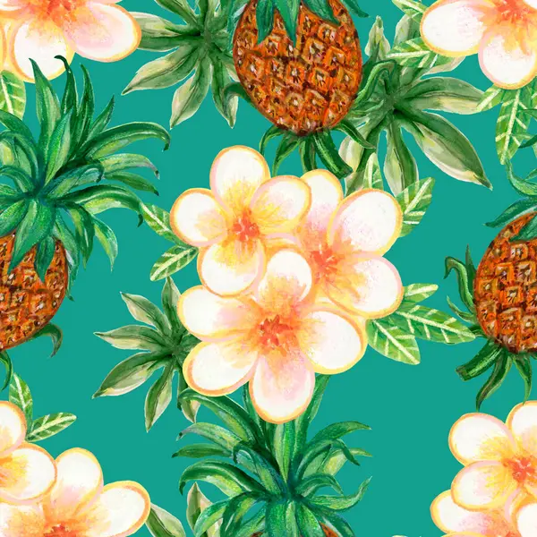 Nyári Egzotikus Dzsungel Trópusi Virágos Növények Ananász Gyümölcs Minta Akvarell Stock Kép