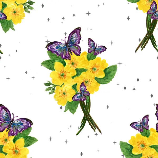 Hand drawn and painted illustration wildflower Blooming Blossom yellow floral and butterfly design for print
