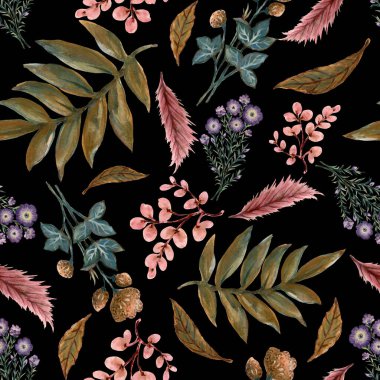 Suluboya gouache Sonbahar dalları yapraklar ve El çizimi illüstrasyon düğün davetiyeleri için kumaş koleksiyon kartları