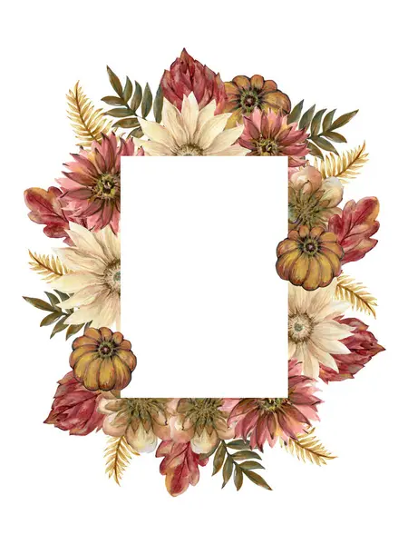 Fall Autumn invitation design wreath bouquet frame card, leaves flower foliage seasonal botanical garden forest watercolor illustration isolated on white background