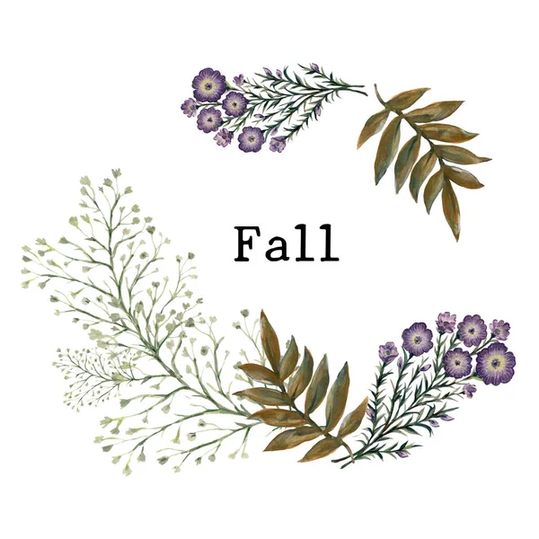 Watercolor wreath  Autumn Fall branches foliage with leaves and Hand drawn illustration Design for invitations fabric pattern scrapbook greeting cards