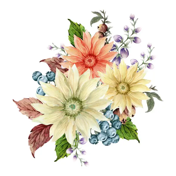 Sonbahar buketi, botanik böğürtlenleri lavanta gerbera dandilion calendula