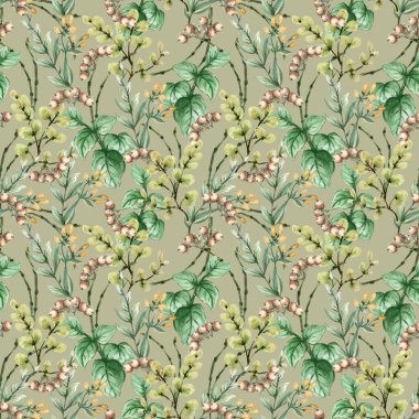 Çiçeksel botanik kusursuz tekrarlama kalıbı. Bahçe yeşilliği ve yapraklar kumaş baskısı, duvar kağıdı, iç mimari için