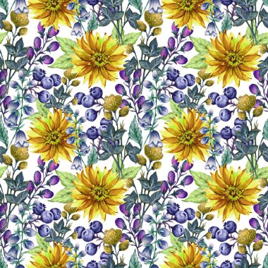 Çiçeksel botanik kusursuz tekrarlama kalıbı. Bahçe yeşilliği ve yapraklar kumaş baskısı, duvar kağıdı, iç mimari için