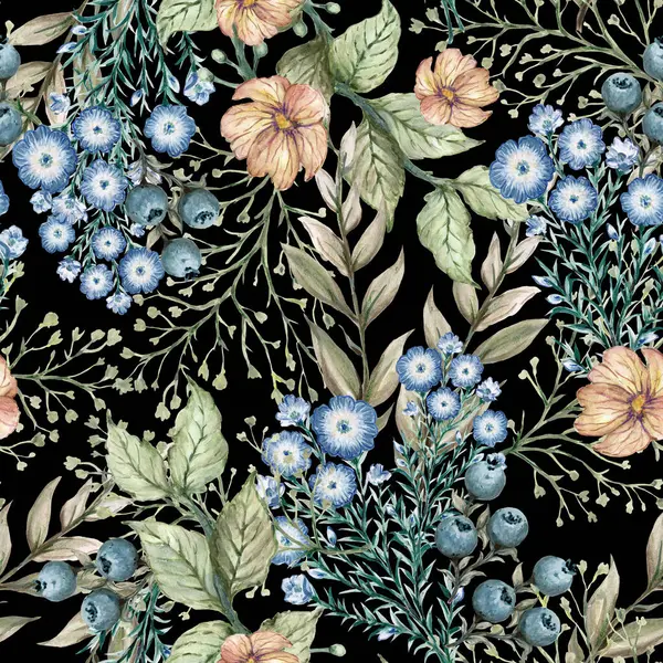 Цветок Ботанический Бесшовный Повторяющийся Рисунок Садовая Растительность Листья Листвы Печати Стоковая Картинка
