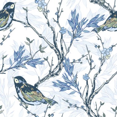 Kusursuz desenli hayvan porselen tarzı ağaçlarla el boyaması, moda için suluboya, iç duvar kağıdı, basılı kağıt arka plan.