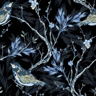 Kusursuz desenli hayvan porselen tarzı ağaçlarla el boyaması, moda için suluboya, iç duvar kağıdı, basılı kağıt arka plan.