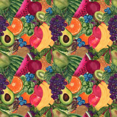 Suluboya Sebze ve sağlıklı beslenmek için meyve dikişsiz desen seti arka plan davetiye kartı için el boyaması resimli guaj 