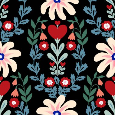 Sevgililer Günü botanik deseni geleneksel halk sanatları nakışından esinlenerek tekstil ya da farbik baskı süsü tasarlar. Çiçekli, yapraklı retro duvar kağıdı