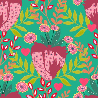 Sevgililer Günü botanik deseni geleneksel halk sanatları nakışından esinlenerek tekstil ya da farbik baskı süsü tasarlar. Çiçekli, yapraklı retro duvar kağıdı