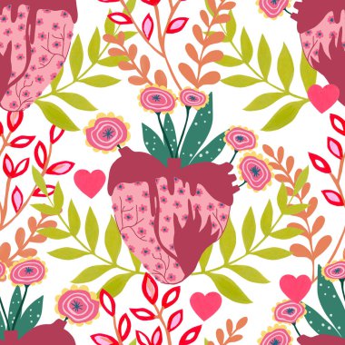 Sevgililer Günü botanik deseni geleneksel halk sanatları nakışından esinlenerek tekstil ya da farbik baskı süsü tasarlar. Çiçekli, yapraklı retro duvar kağıdı