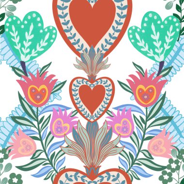 Sevgililer Günü botanik deseni geleneksel halk sanatları nakışından esinlenerek tekstil ya da farbik baskı süsü tasarlar. Çiçekli, yapraklı retro duvar kağıdı
