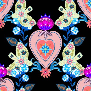Valentine 'ın kalp kuşu botanik deseni geleneksel halk sanatı nakışlarından esinlenerek tekstil ya da farbik baskı süsü tasarlar. Çiçekli, yapraklı retro duvar kağıdı