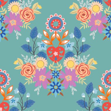 Sevgililer Günü botanik deseni geleneksel halk sanatları nakışından esinlenerek tekstil ya da farbik baskı süsü tasarlar. Çiçekli, yapraklı retro duvar kağıdı