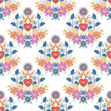 Sevgililer Günü botanik deseni geleneksel halk sanatları nakışından esinlenerek tekstil ya da farbik baskı süsü tasarlar. Çiçekli, yapraklı retro duvar kağıdı