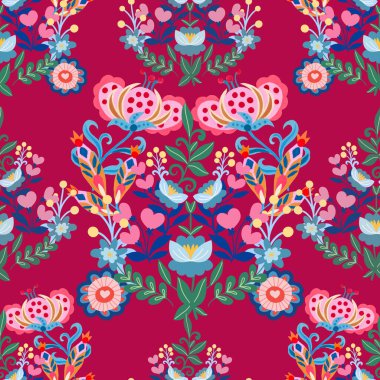 Sevgililer Günü botanik deseni geleneksel halk sanatları nakışından esinlenerek tekstil ya da farbik baskı süsü tasarlar. Çiçekli, yapraklı retro duvar kağıdı