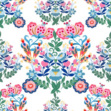 Sevgililer Günü botanik deseni geleneksel halk sanatları nakışından esinlenerek tekstil ya da farbik baskı süsü tasarlar. Çiçekli, yapraklı retro duvar kağıdı