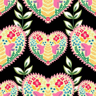 Sevgililer Günü botanik deseni geleneksel halk sanatları nakışından esinlenerek tekstil ya da farbik baskı süsü tasarlar. Çiçekli, yapraklı retro duvar kağıdı