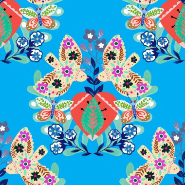 Valentine 'ın kalp kuşu botanik deseni geleneksel halk sanatı nakışlarından esinlenerek tekstil ya da farbik baskı süsü tasarlar. Çiçekli, yapraklı retro duvar kağıdı