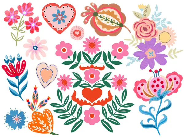 Polish folk art colorful traditional design elements valentine heart, flower, insect, bird, leaves. Perfect for textile patterns or greeting cards.