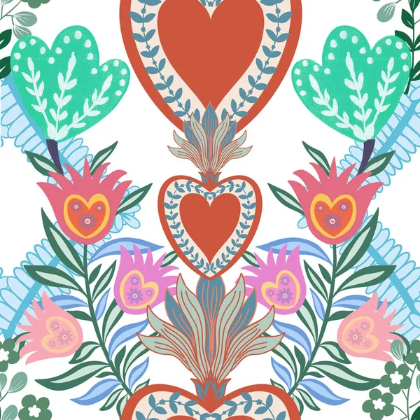 Sevgililer Günü botanik deseni geleneksel halk sanatları nakışından esinlenerek tekstil ya da farbik baskı süsü tasarlar. Çiçekli, yapraklı retro duvar kağıdı