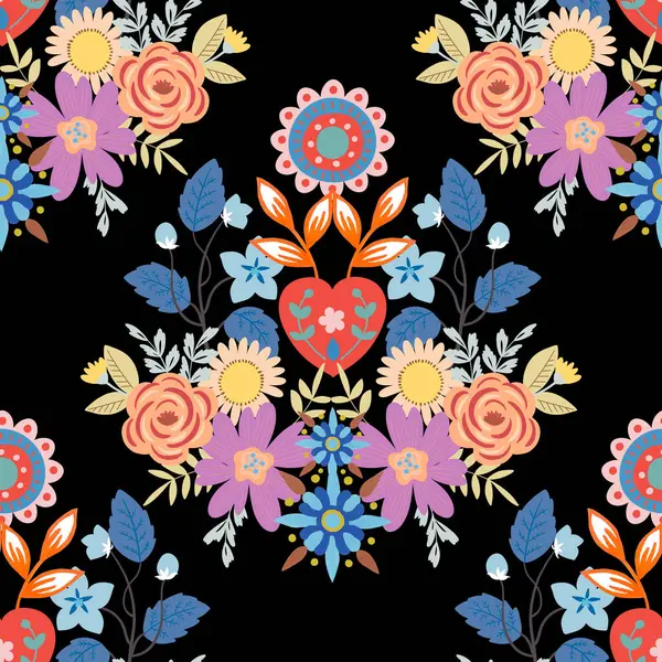 Sevgililer Günü botanik deseni geleneksel halk sanatları nakışından esinlenerek tekstil ya da farbik baskı süsü tasarlar. Çiçekli, yapraklı retro duvar kağıdı