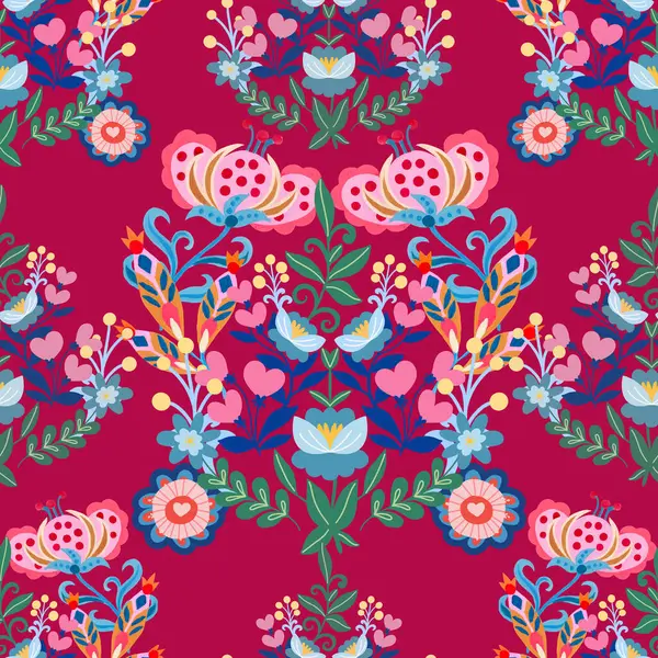 Sevgililer Günü botanik deseni geleneksel halk sanatları nakışından esinlenerek tekstil ya da farbik baskı süsü tasarlar. Çiçekli, yapraklı retro duvar kağıdı